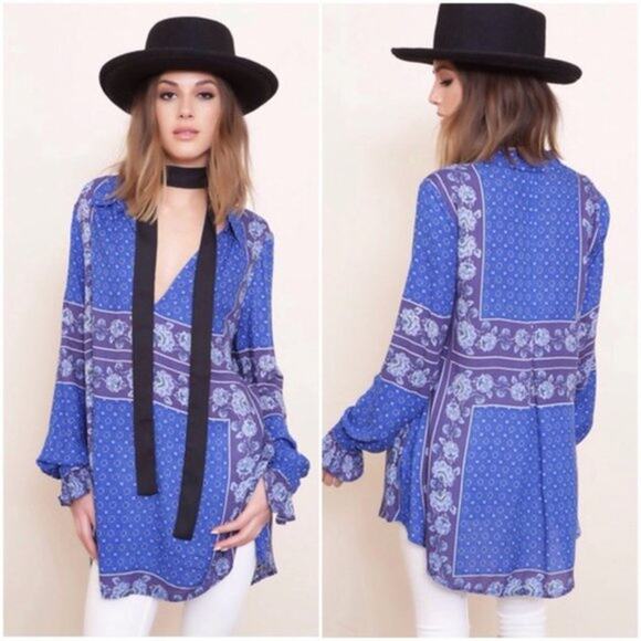 FREE PEOPLE Boho Blue & Purple Floral Tunic Blouse Top - Picture 2 of 16
